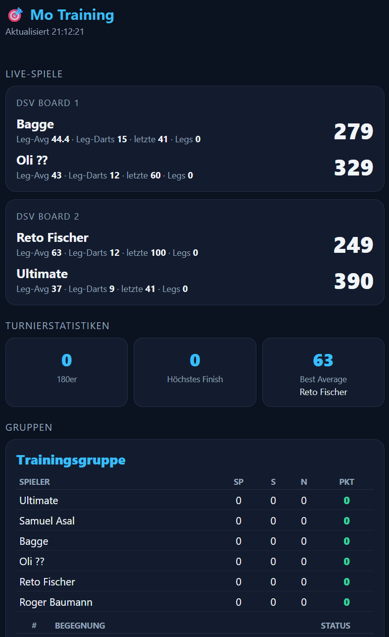 Mobile Live-Ansicht eines Trainingsabends: Live-Spiele auf zwei Boards mit Restpunkten, Average und letzter Aufnahme, darunter Turnierstatistiken und Trainingsgruppe