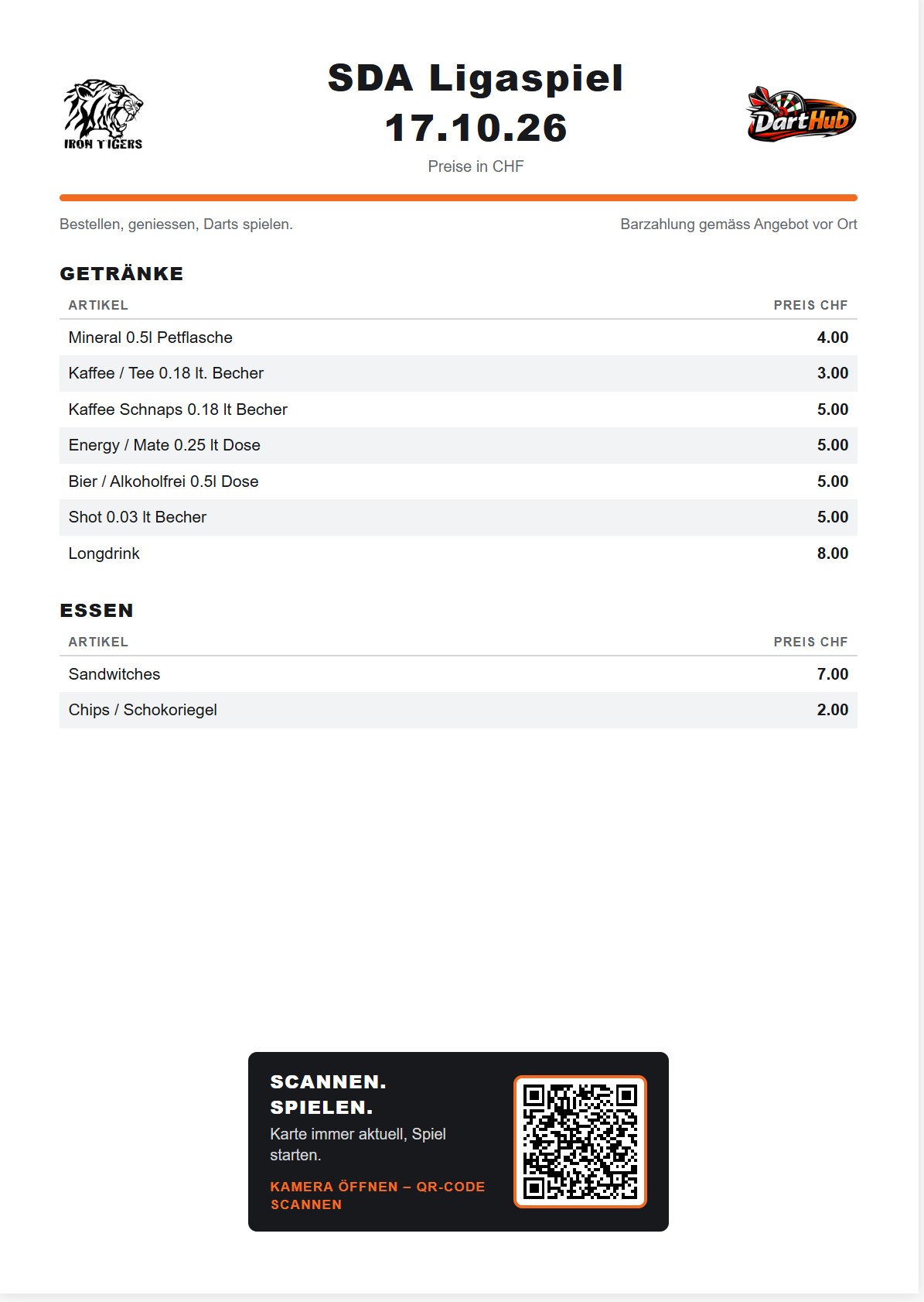 Gedruckte Getränkekarte A4 aus DartHub: Teamlogo, Titel SDA Ligaspiel 17.10.26, DartHub-Logo, Getränke und Essen mit Preisen, unten der QR-Code „Scannen. Spielen. – Karte immer aktuell, Spiel starten“