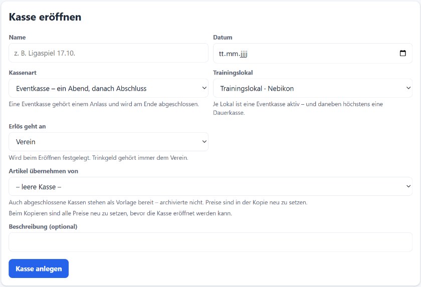 Kasse eröffnen in DartHub: Name, Datum, Kassenart Eventkasse, Trainingslokal, Erlös geht an Verein, Artikel übernehmen von einer früheren Kasse