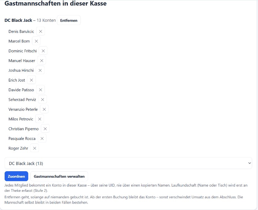 Gastmannschaft in einer DartHub-Kasse: die Spieler des Gastteams als Konten, Zuordnen und Gastmannschaften verwalten