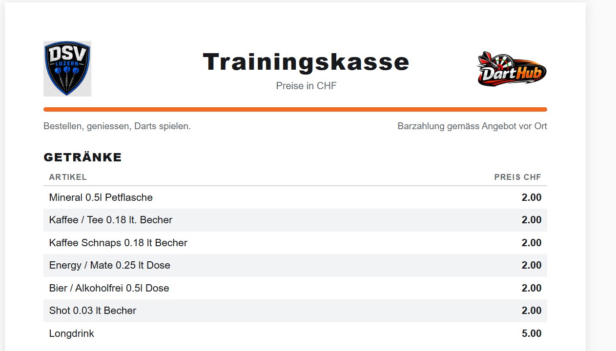 Die gleiche Getränkekarte online nach dem Scannen: Vereinslogo, Titel Trainingskasse, Preise in CHF, Getränke