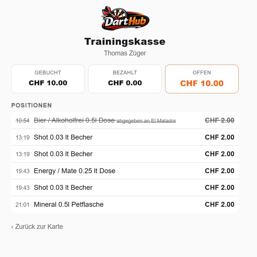 „Meine Rechnung“ auf dem Handy: Trainingskasse, gebucht, bezahlt und offen in CHF, darunter die einzelnen Positionen mit Uhrzeit