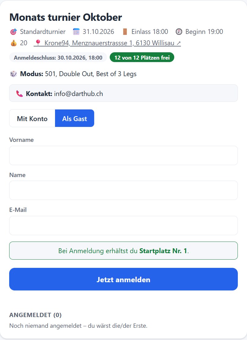 Öffentliche Turnieranmeldung bei DartHub: Turnierdaten mit Datum, Einlass, Beginn, Startgeld und Austragungsort, freie Plätze, Wahl „Mit Konto“ oder „Als Gast“, Felder für Vorname, Name und E-Mail und der Knopf „Jetzt anmelden“
