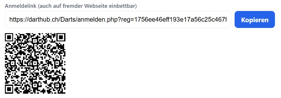 Anmeldelink eines Turniers in der DartHub-Turnierverwaltung mit Kopieren-Knopf und QR-Code, beschriftet „auch auf fremder Webseite einbettbar“