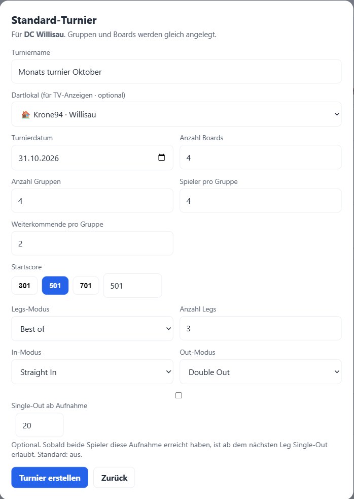DartHub-Dialog „Standard-Turnier“: Turniername, Dartlokal, Turnierdatum, Anzahl Boards, Anzahl Gruppen, Spieler pro Gruppe, Weiterkommende pro Gruppe, Startscore 301/501/701, Legs-Modus, In- und Out-Modus