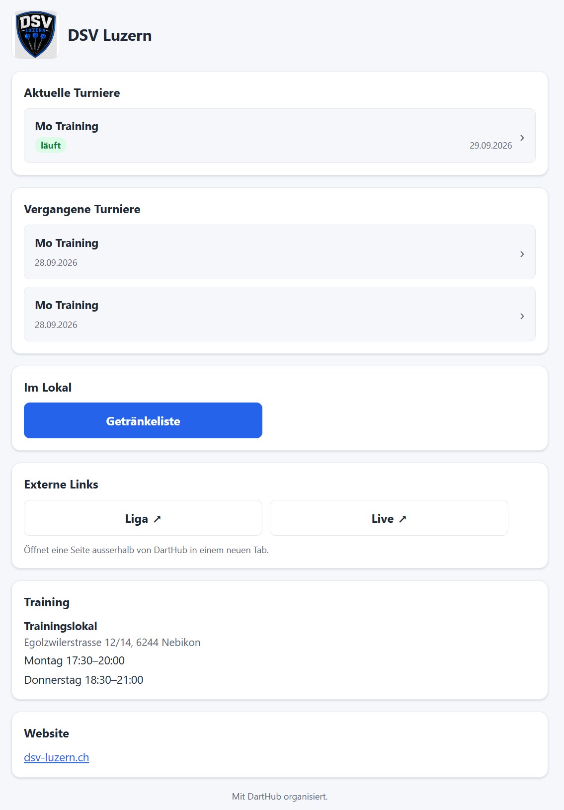 Öffentliche Vereinsseite eines Vereins in DartHub: Logo und Name, aktuelle und vergangene Turniere, Getränkeliste, externe Links Liga und Live, Trainingslokal mit Trainingszeiten, Website